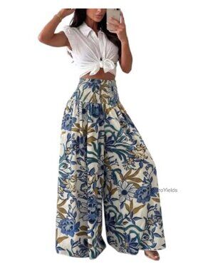 High Waisted Wide Leg Palazzo Pants Smocked Waist Flowy